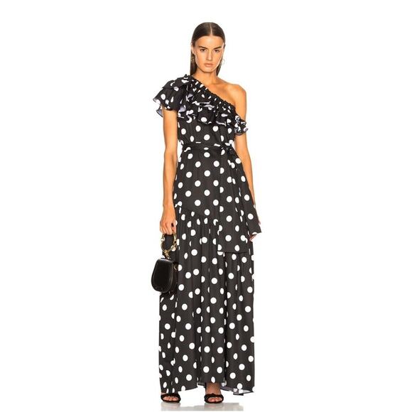 Caroline Constas Rhea Polka Dot One Shoulder Gown Sz M Ruffle Lightweight Belted - Picture 1 of 11